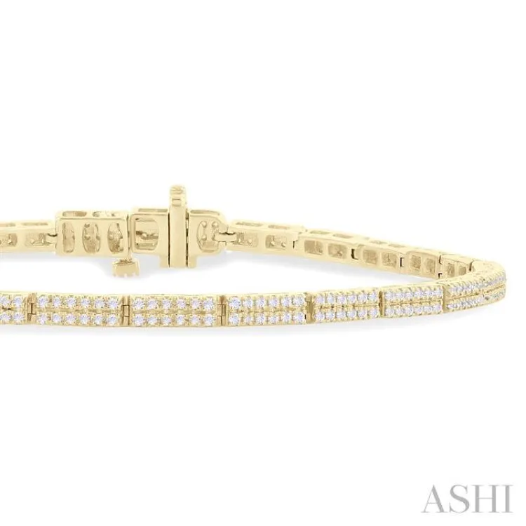 1.00 Ctw Double Row Round Cut Diamond Bar Link Bracelet in 14K Yellow Gold