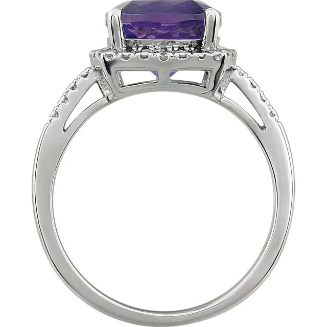 14k White Gold 9mm Cushion Cut Amethyst & Diamond Halo-Style Ring