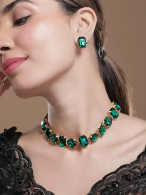 18K Gold Plated Crystal Emerald Studded Statement Necklace Set