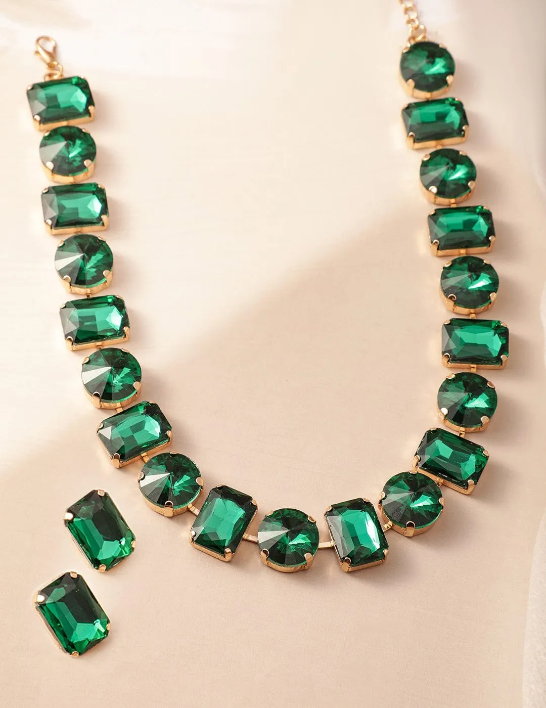 18K Gold Plated Crystal Emerald Studded Statement Necklace Set