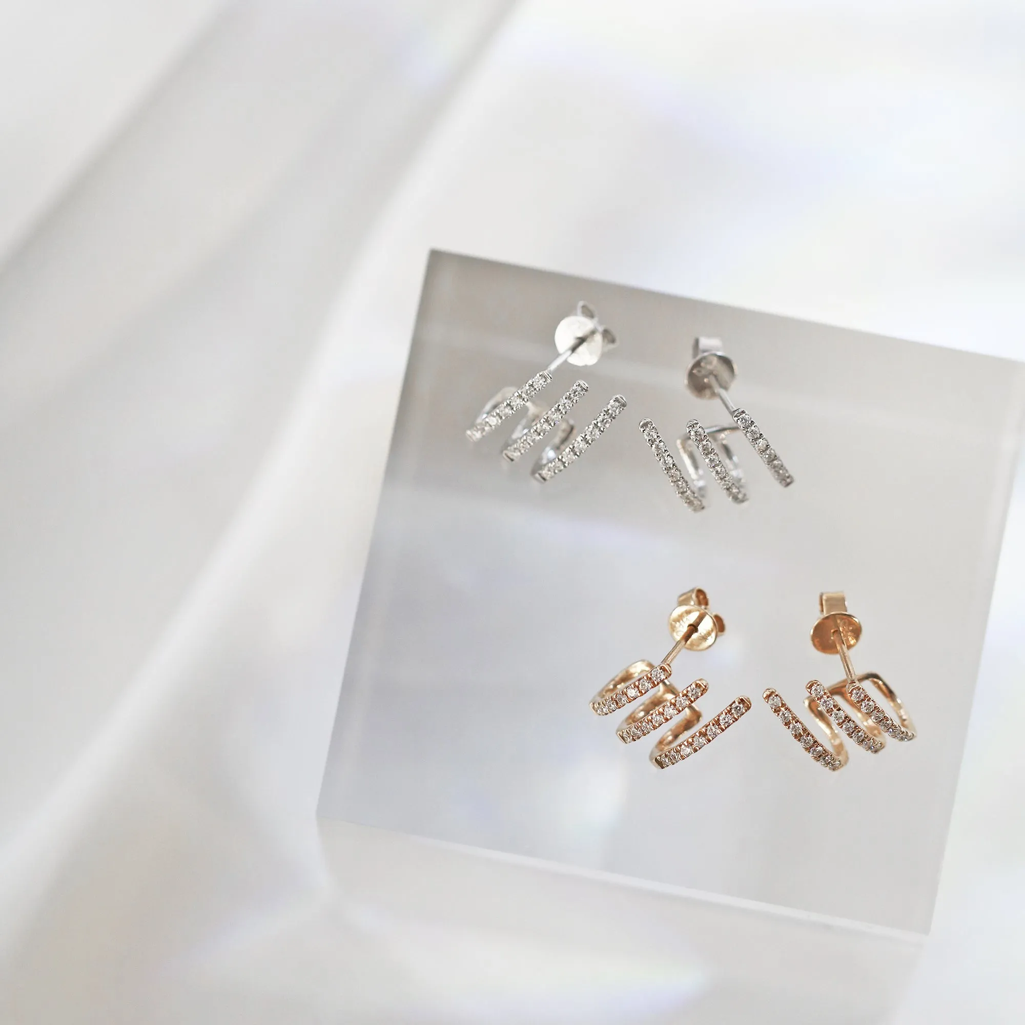 18k White/Rose Gold Luxurious 3-row Earrings, Single or Pair