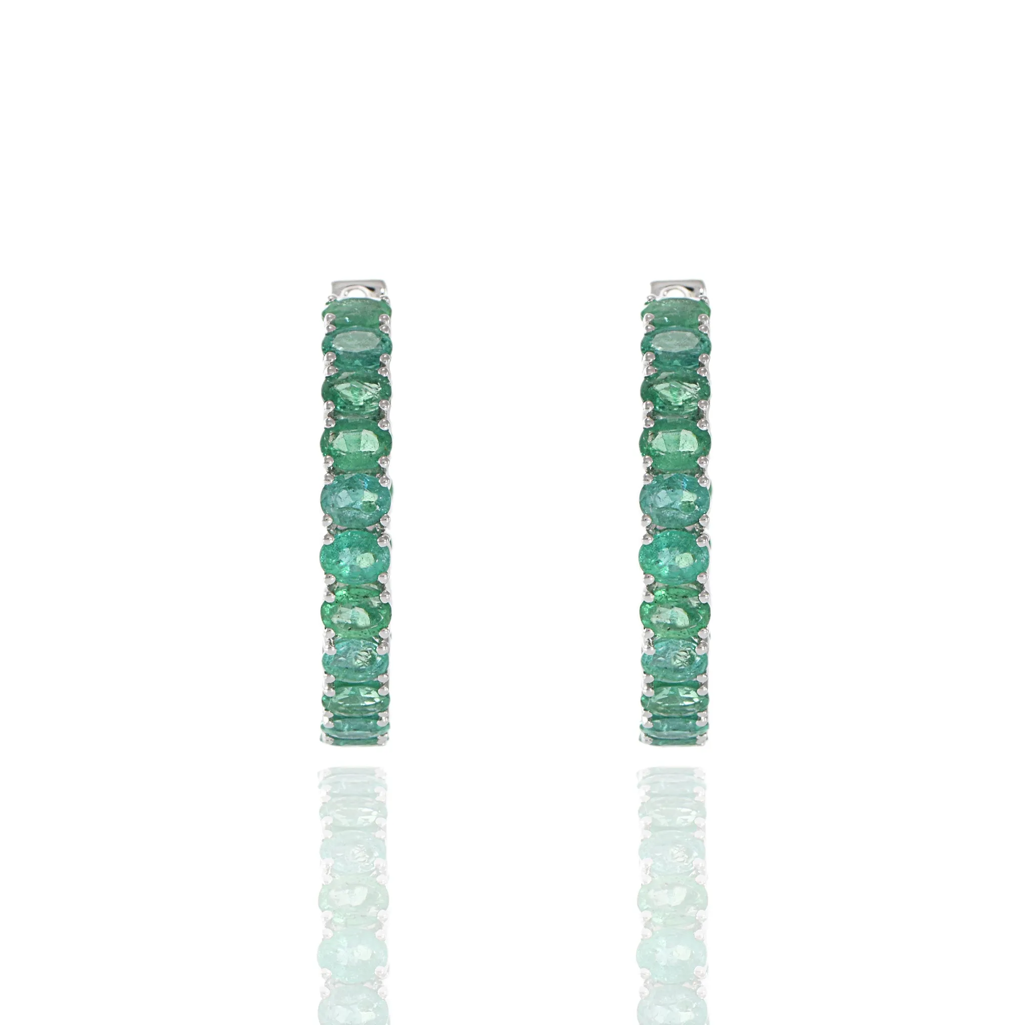 18KT White Gold Emerald Round Hoop Earrings