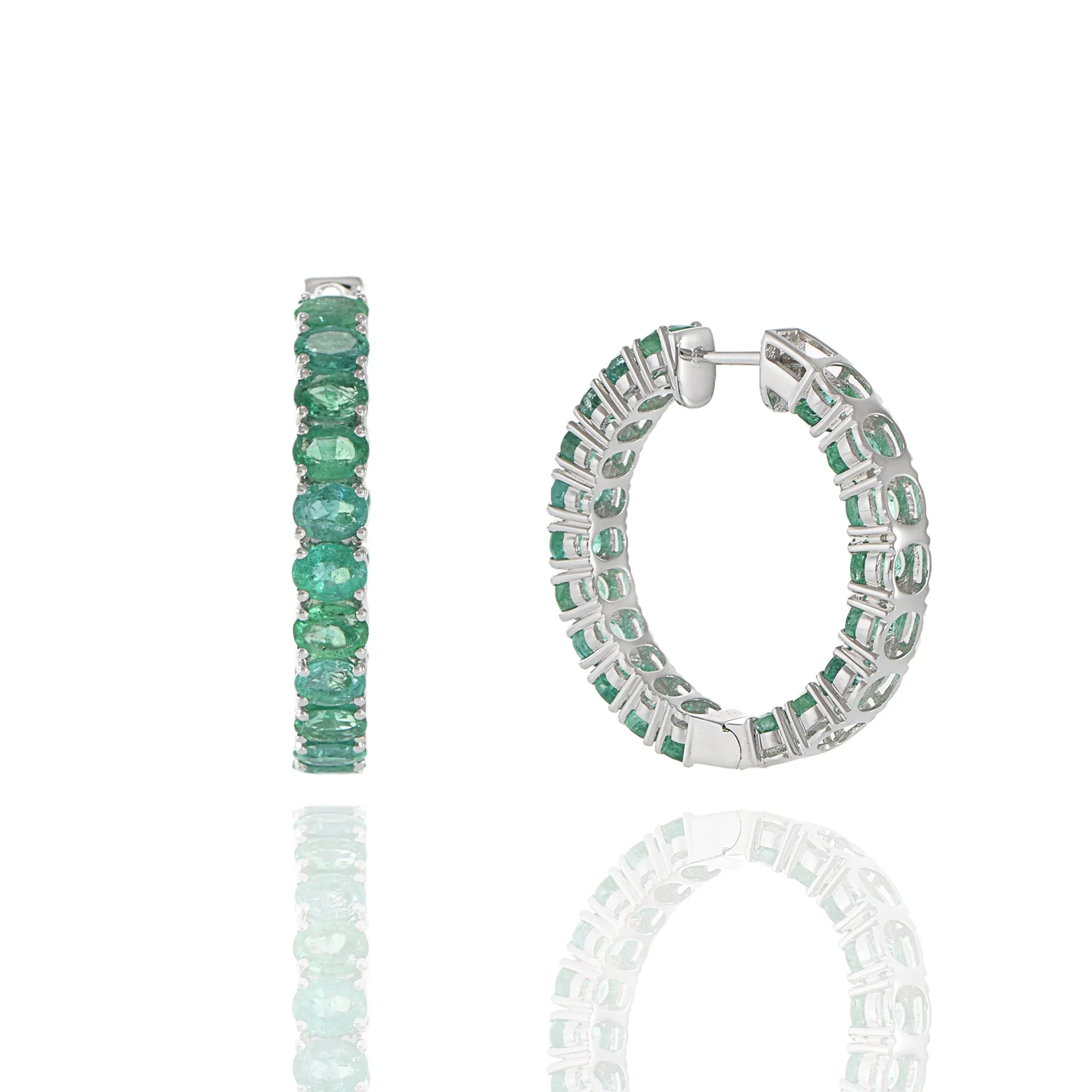 18KT White Gold Emerald Round Hoop Earrings