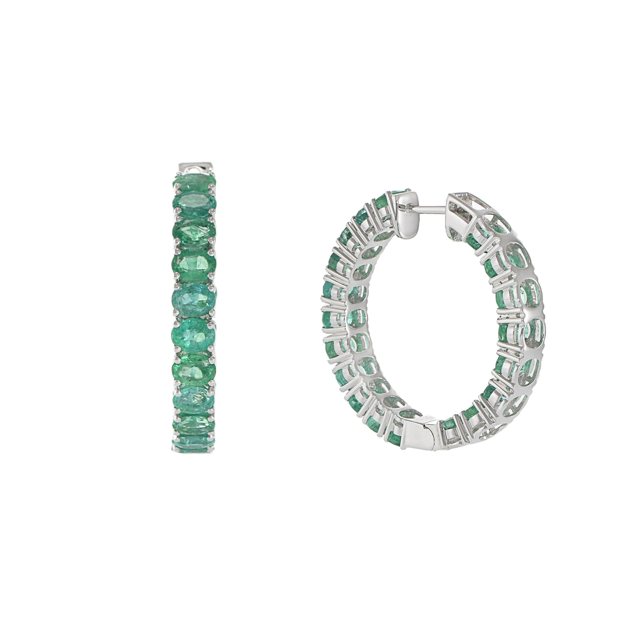 18KT White Gold Emerald Round Hoop Earrings