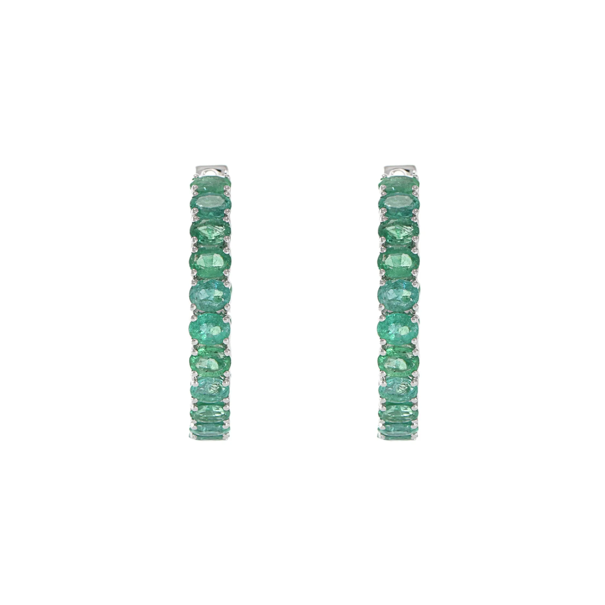 18KT White Gold Emerald Round Hoop Earrings