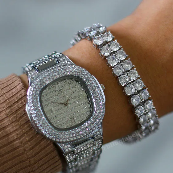 2 Row Iced Out Diamond Tennis Bracelet in White Gold