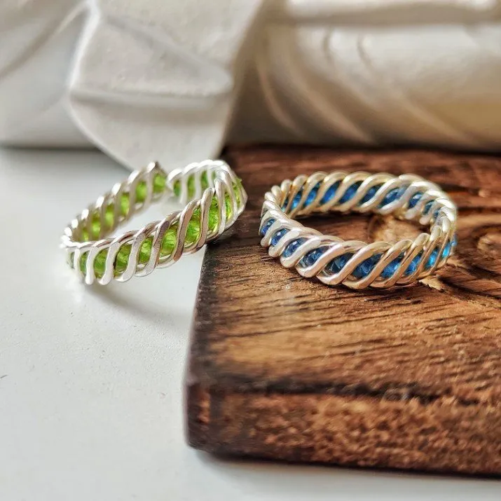 925 Silver Green & Blue Link Chain Stacking Band Adjustable Ring