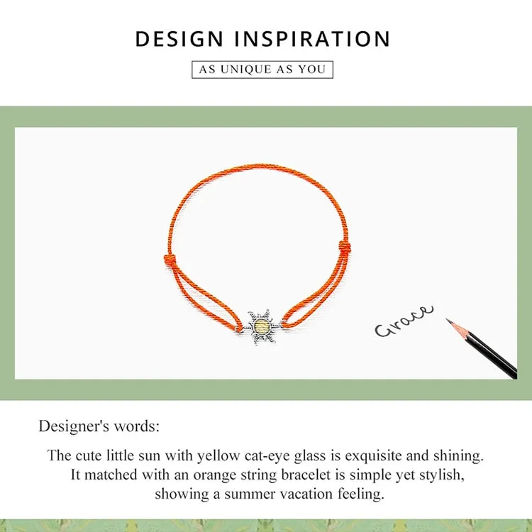 925 Sterling Silver Orange Sun Rope Adjustable Bracelet for Women