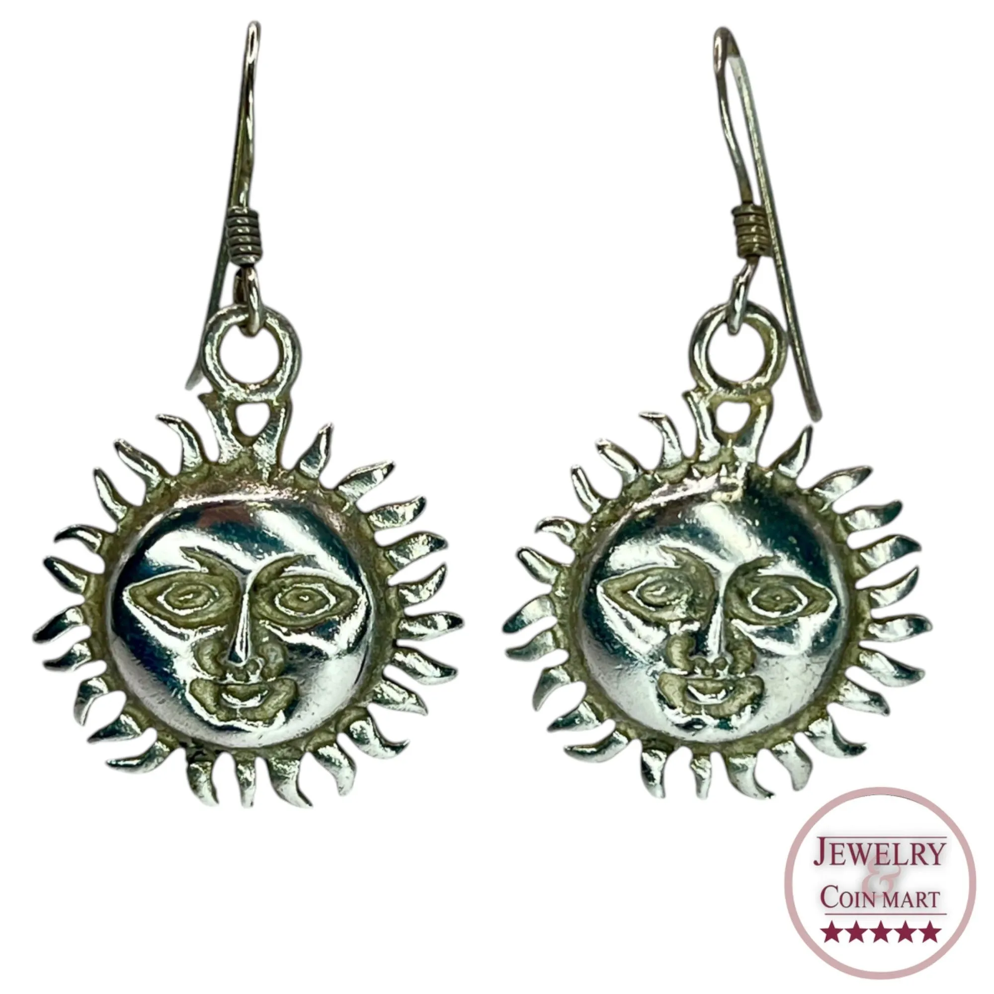 925 Sterling Silver Sun Face Dangle Drop Earrings Bohemian Boho Earthy Neutral