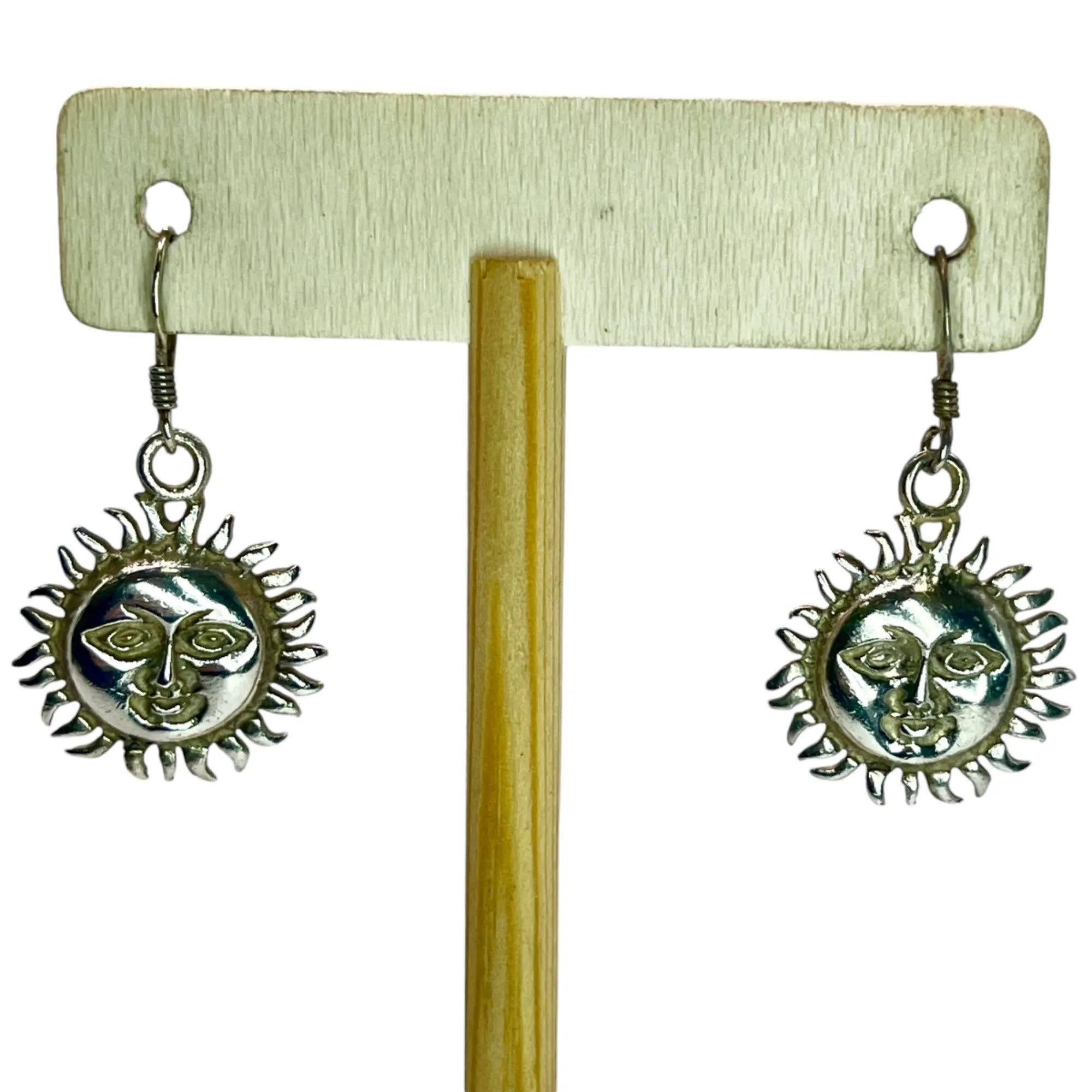 925 Sterling Silver Sun Face Dangle Drop Earrings Bohemian Boho Earthy Neutral