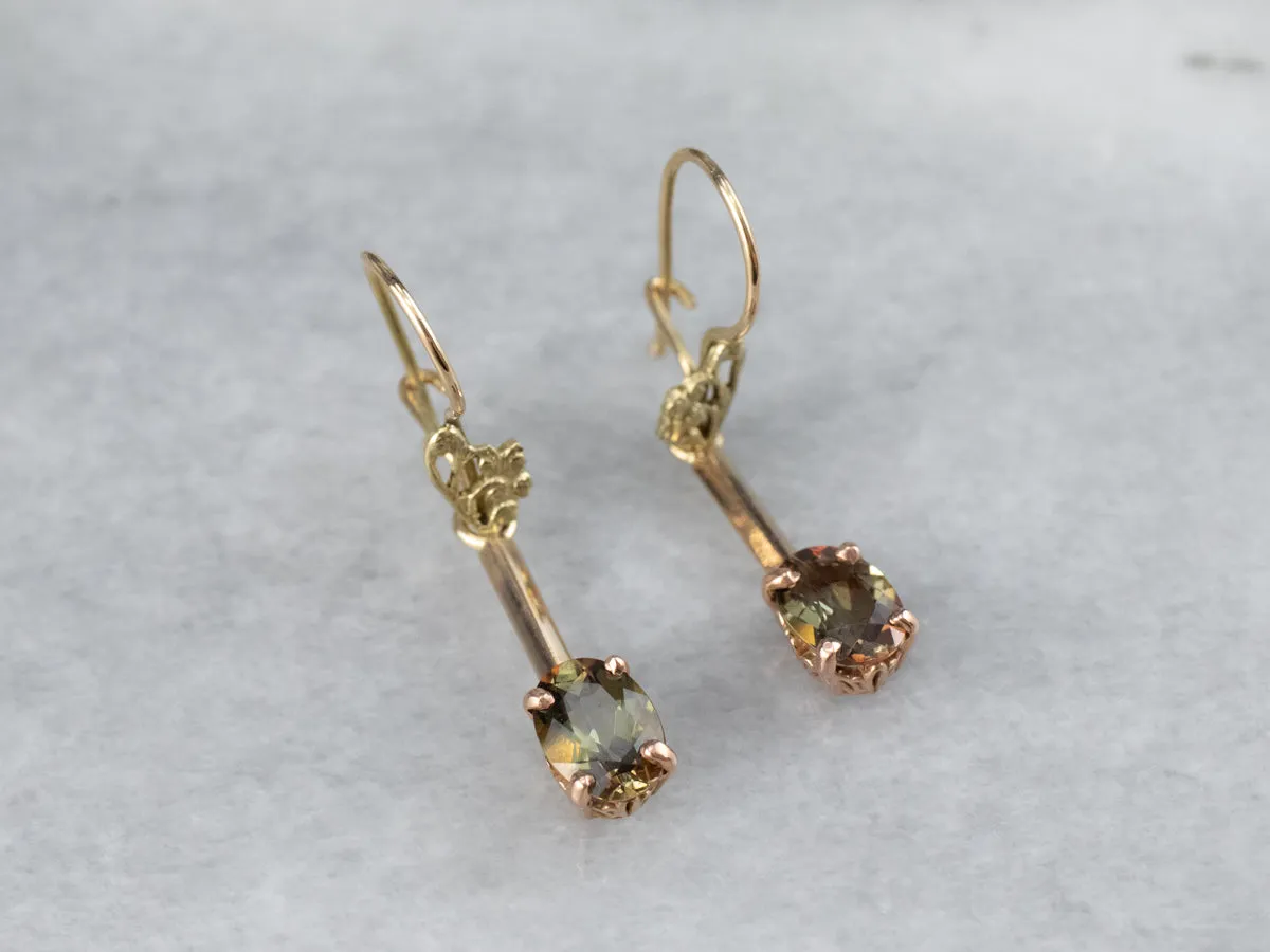 Andalusite Gold Bar Drop Earrings