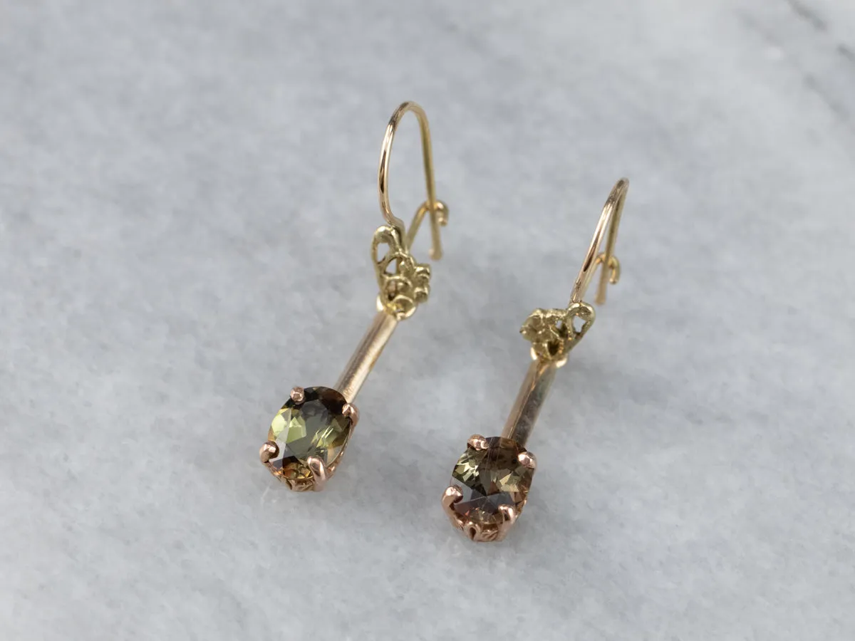 Andalusite Gold Bar Drop Earrings