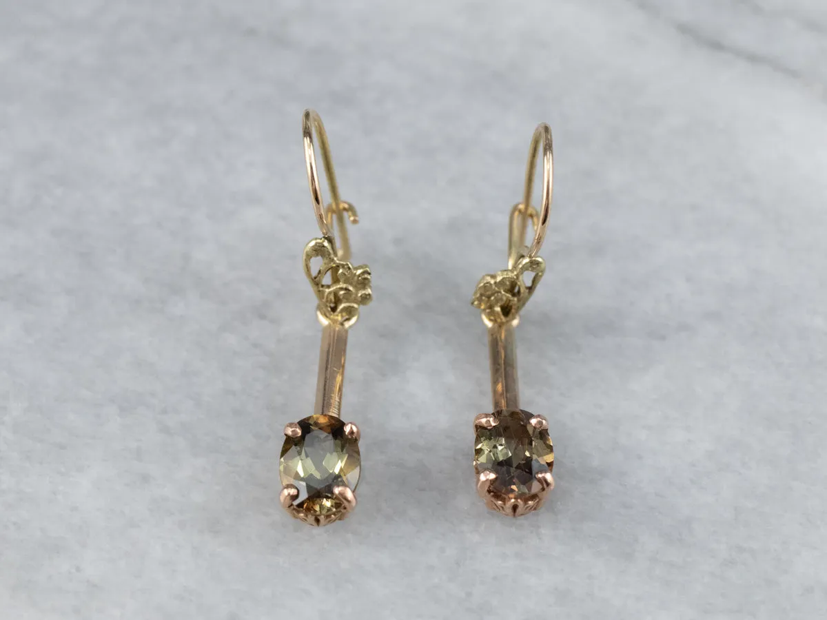 Andalusite Gold Bar Drop Earrings