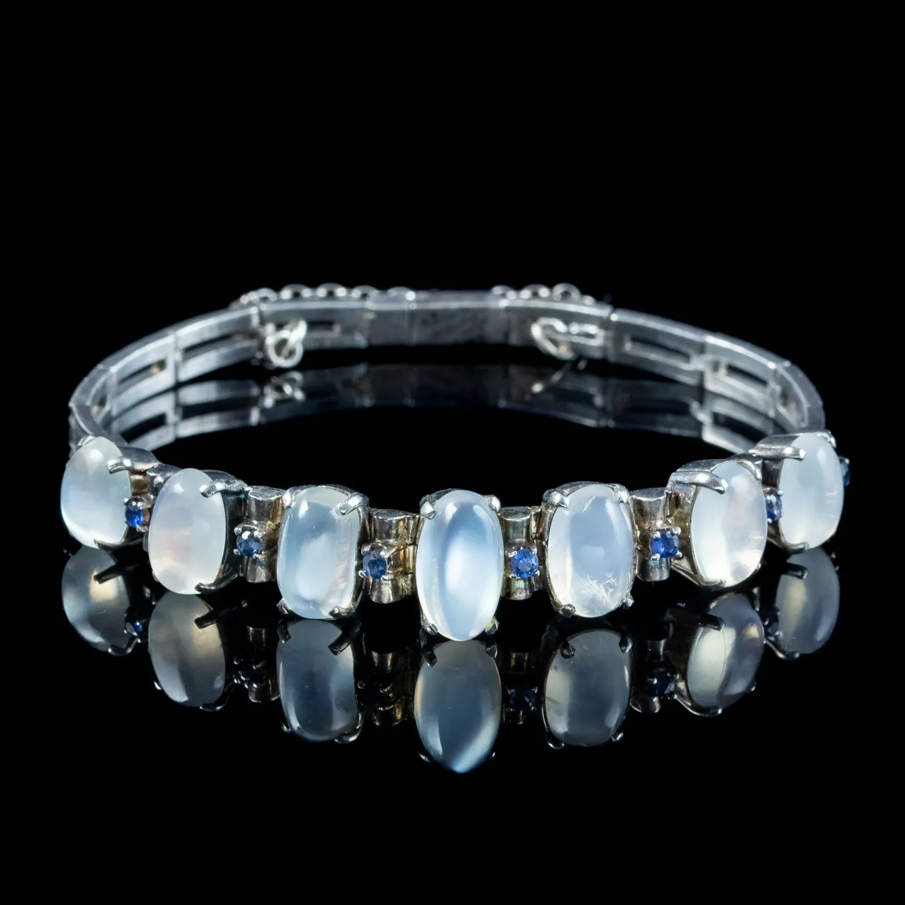 Antique Art Deco Moonstone Sapphire Bracelet Silver