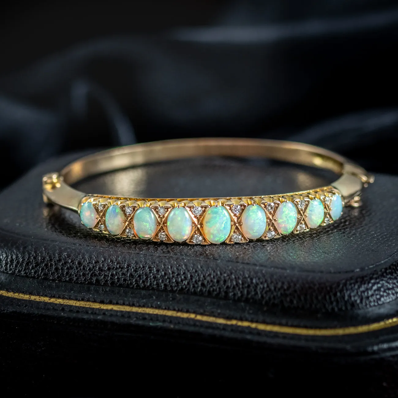 Antique Edwardian Opal Diamond Bangle 15ct Gold Dated 1911