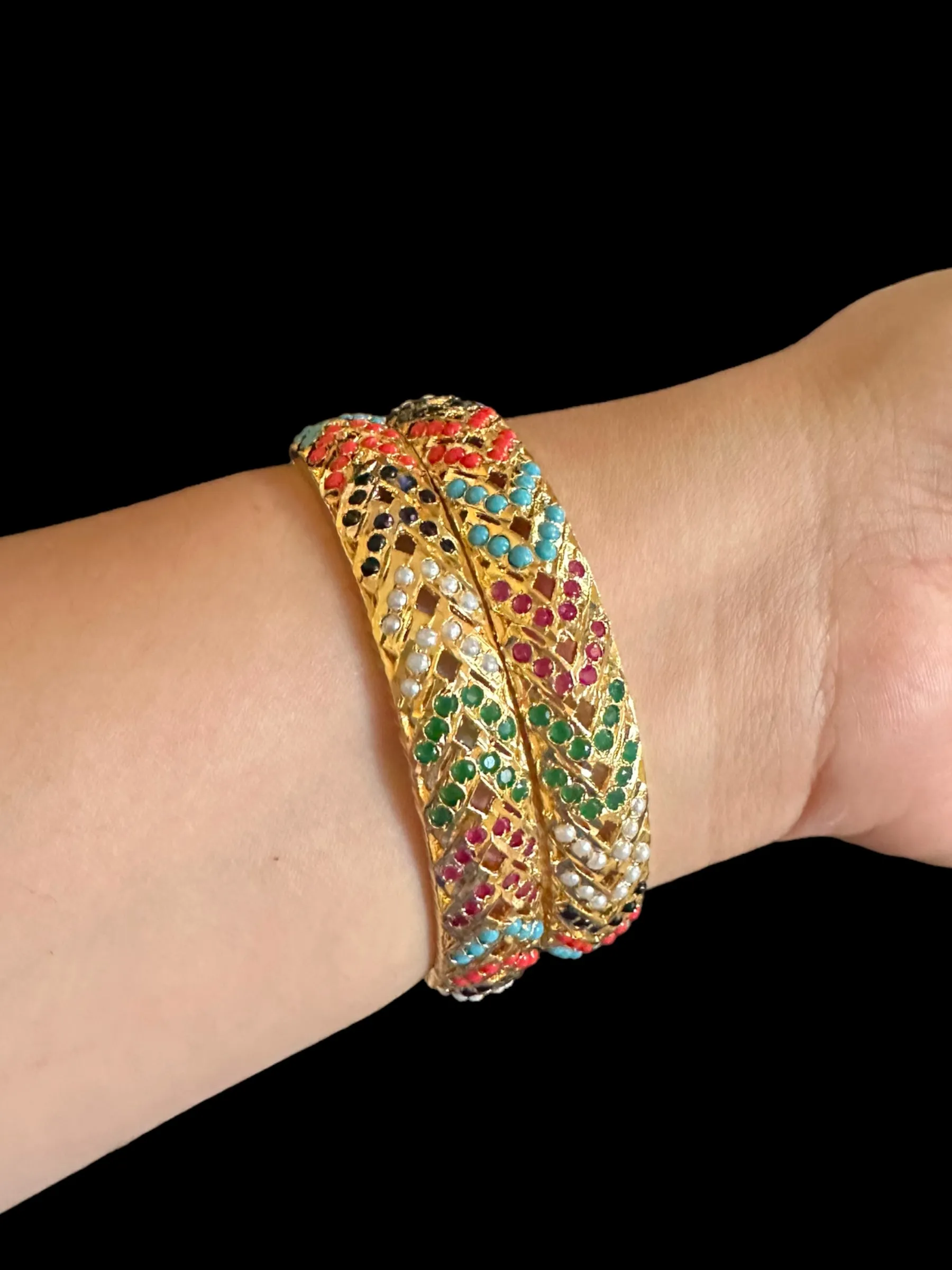 B151 Gold plated jadau bangles - Navratan    ( READY TO SHIP)