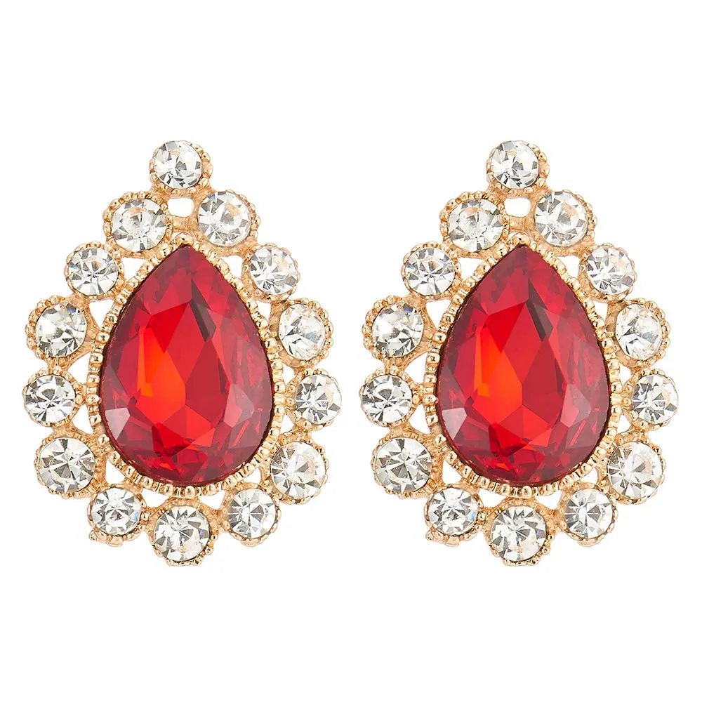 Banquet Red Crystal Rhinestones Cluster Teardrop Large Statement Stud Earrings, Gold Luxurious