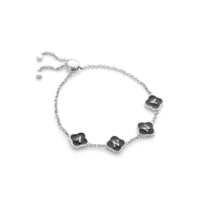 Black Enamel Clover Custom Name Bracelet (Silver)