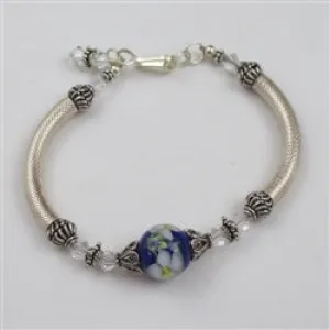 Blue Artisan Beaded Silver  Bangle Bracelet