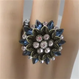 Blue Crystal & Antique Gold Flower Fashion Ring Size 7 to 9