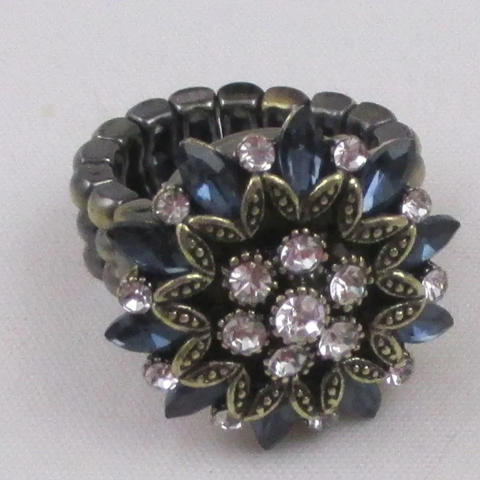 Blue Crystal & Antique Gold Flower Fashion Ring Size 7 to 9