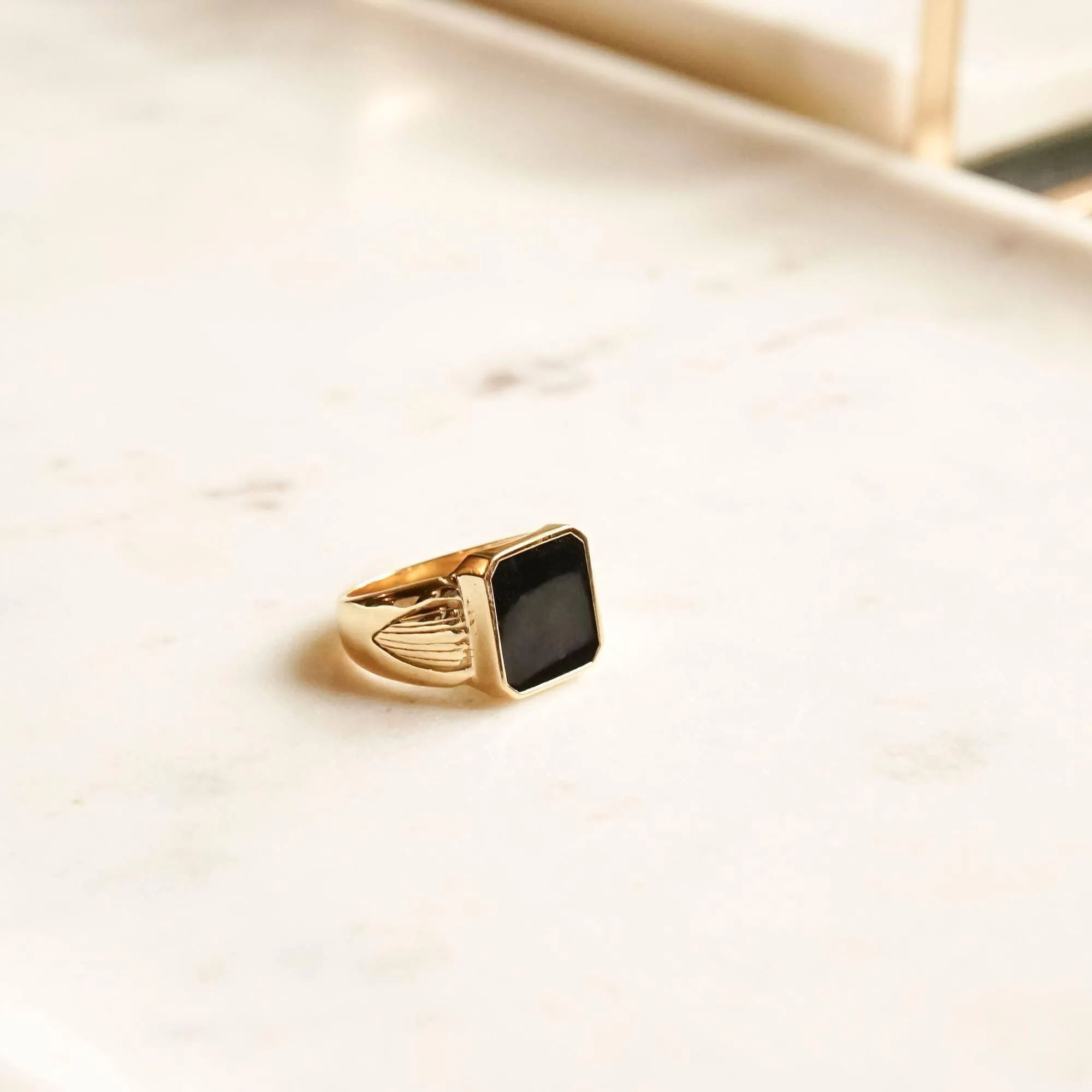 Bold Black Enamel Signet Ring 18ct Gold Plate