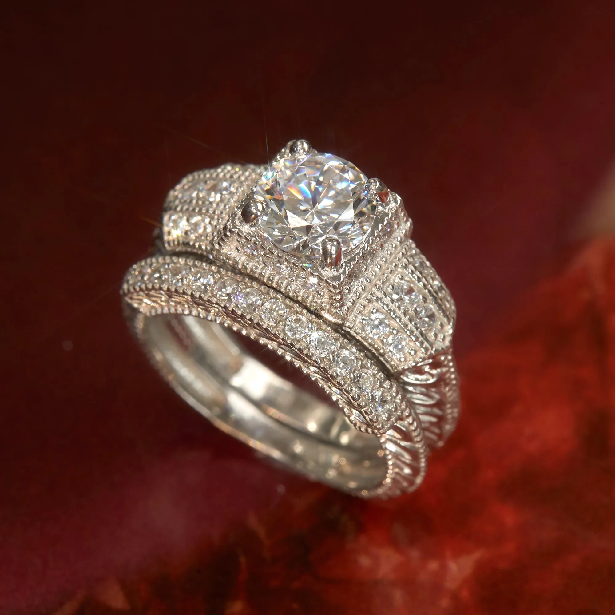 Brilliant 1.25 CT Bold Vintage Bridal Ring Set, Sterling Silver