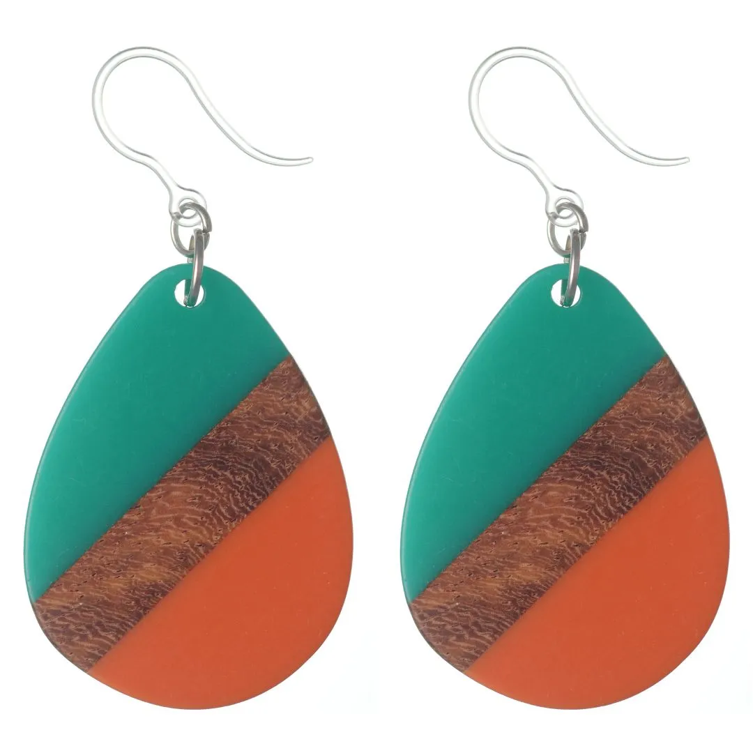 Color Block Wooden Celluloid Teardrop Dangles Hypoallergenic Earrings for Sensitive Ears Made with Plastic Posts