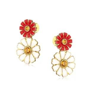 Colourful Daisy Flower with Yellow Zircon Silver Drop Earrings for Women