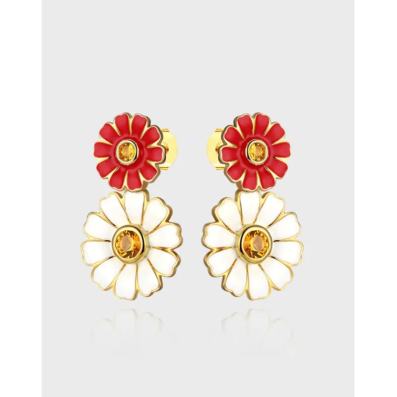 Colourful Daisy Flower with Yellow Zircon Silver Drop Earrings for Women