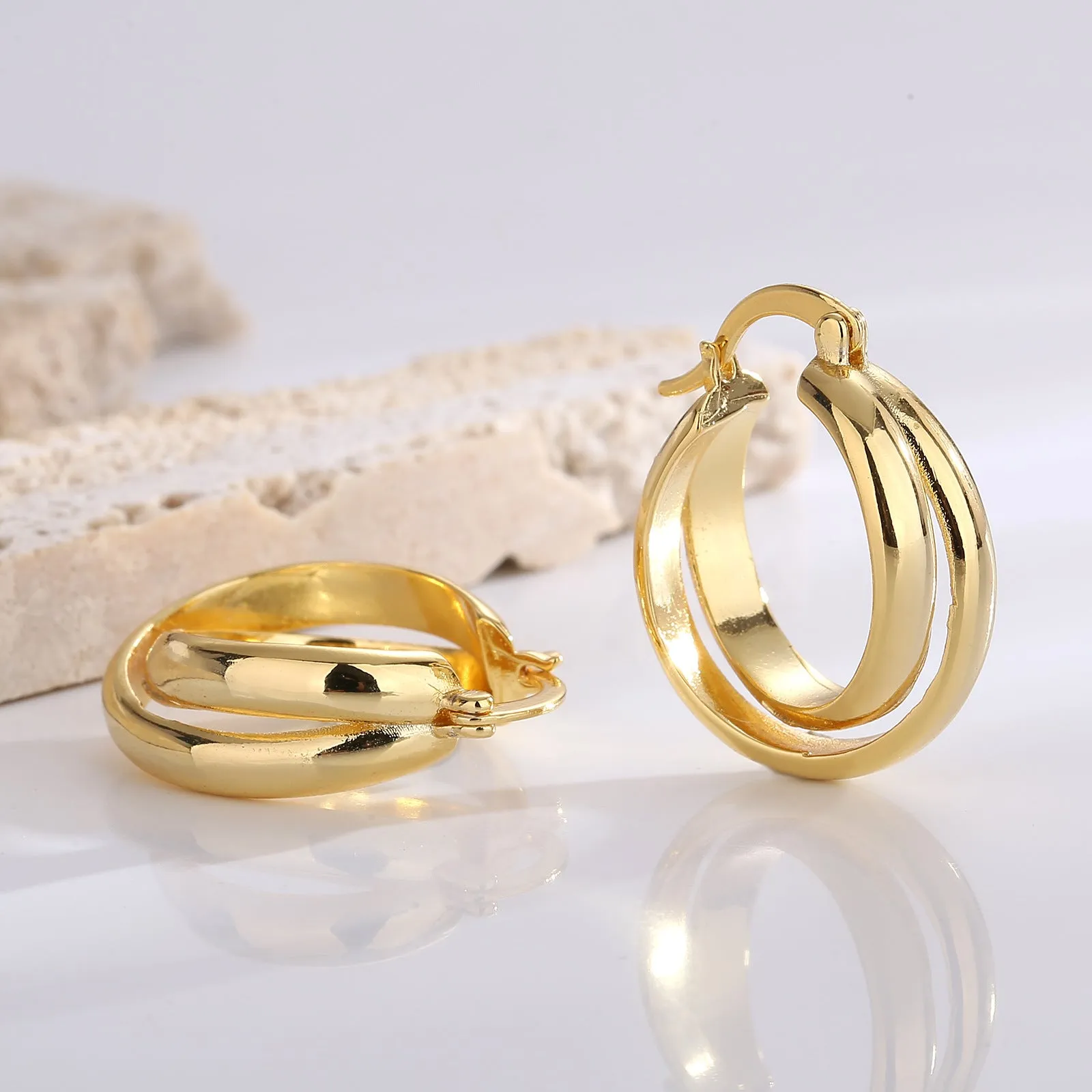 Double element circle cross hollow ear buckle, real gold electroplating, cold style, simple light luxury texture earrings