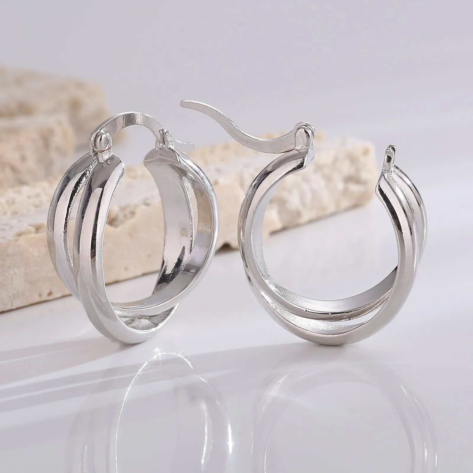 Double element circle cross hollow ear buckle, real gold electroplating, cold style, simple light luxury texture earrings