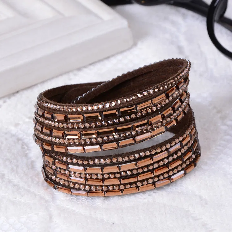 Fashion 6 Layer Wrap Bracelets Slake Leather Bracelets With Crystals Couple Jewelry