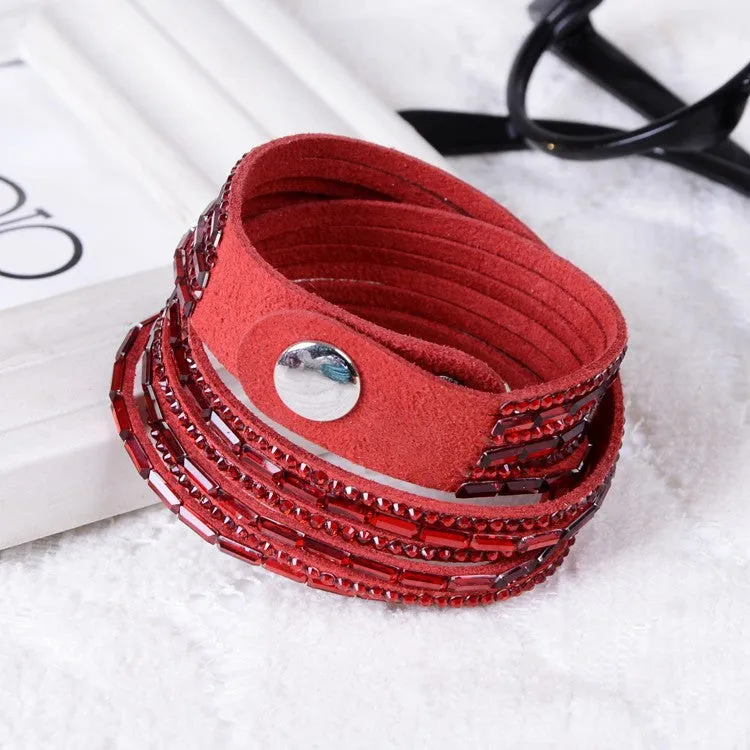 Fashion 6 Layer Wrap Bracelets Slake Leather Bracelets With Crystals Couple Jewelry