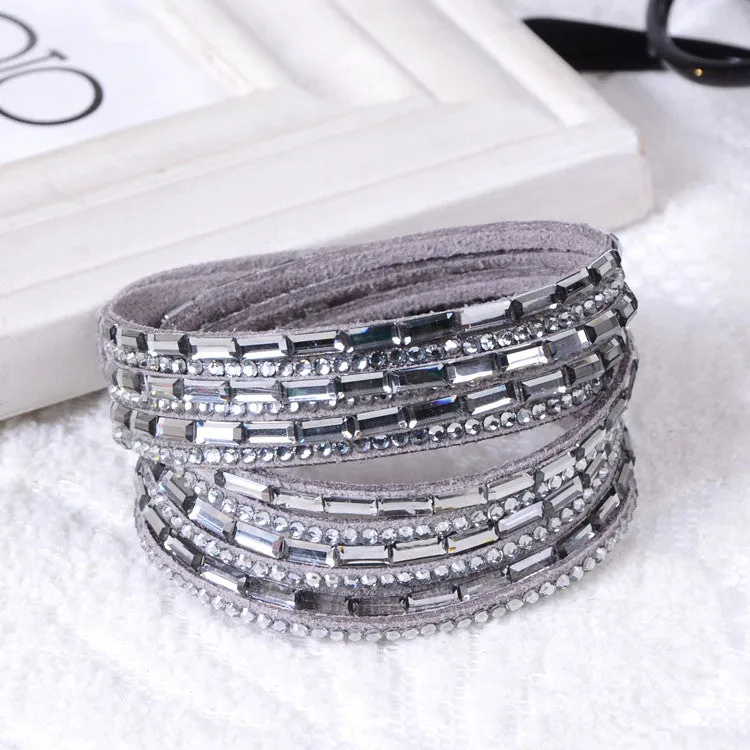 Fashion 6 Layer Wrap Bracelets Slake Leather Bracelets With Crystals Couple Jewelry