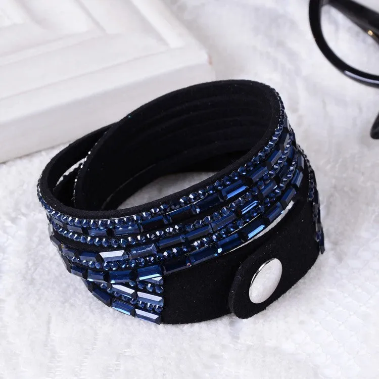 Fashion 6 Layer Wrap Bracelets Slake Leather Bracelets With Crystals Couple Jewelry