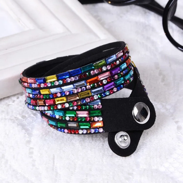 Fashion 6 Layer Wrap Bracelets Slake Leather Bracelets With Crystals Couple Jewelry