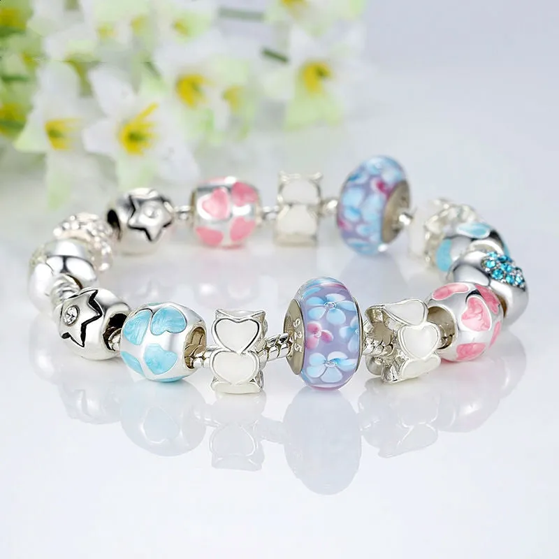 Fashion 925 Silver Heart Start Crystals "LOVE" Colorful Girl Murano Beads Bracelet for New Year Gift