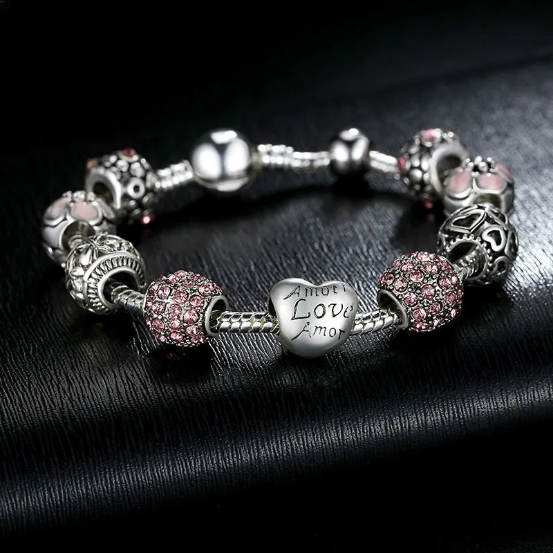 Fashion Antique 925 Silver Charm Bangle & Bracelet with Love and Flower Crystal Ball for Women Wedding