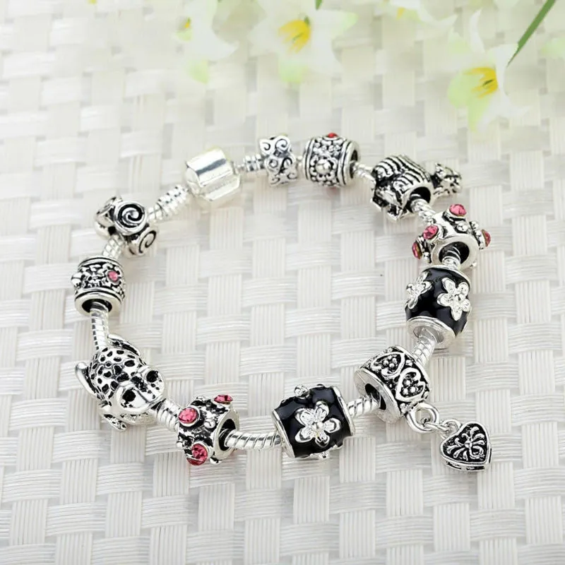 Fashion High Quality European Tibetan Silver Beads Bracelets & Bangles with Heart Charm for Women DIY Jewelry