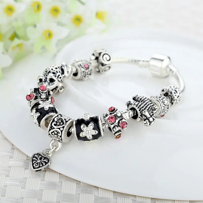 Fashion High Quality European Tibetan Silver Beads Bracelets & Bangles with Heart Charm for Women DIY Jewelry