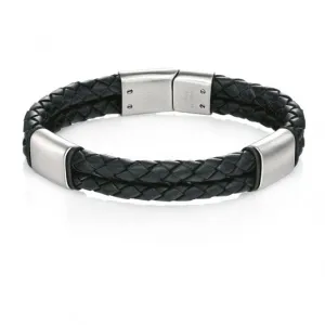 Fred Bennett Black Leather Bracelet Brush Finish B4373