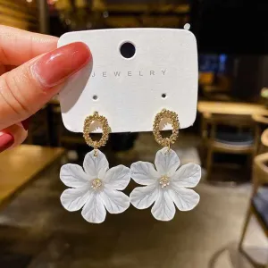 Gold Plated Big white Flower Drop Earring