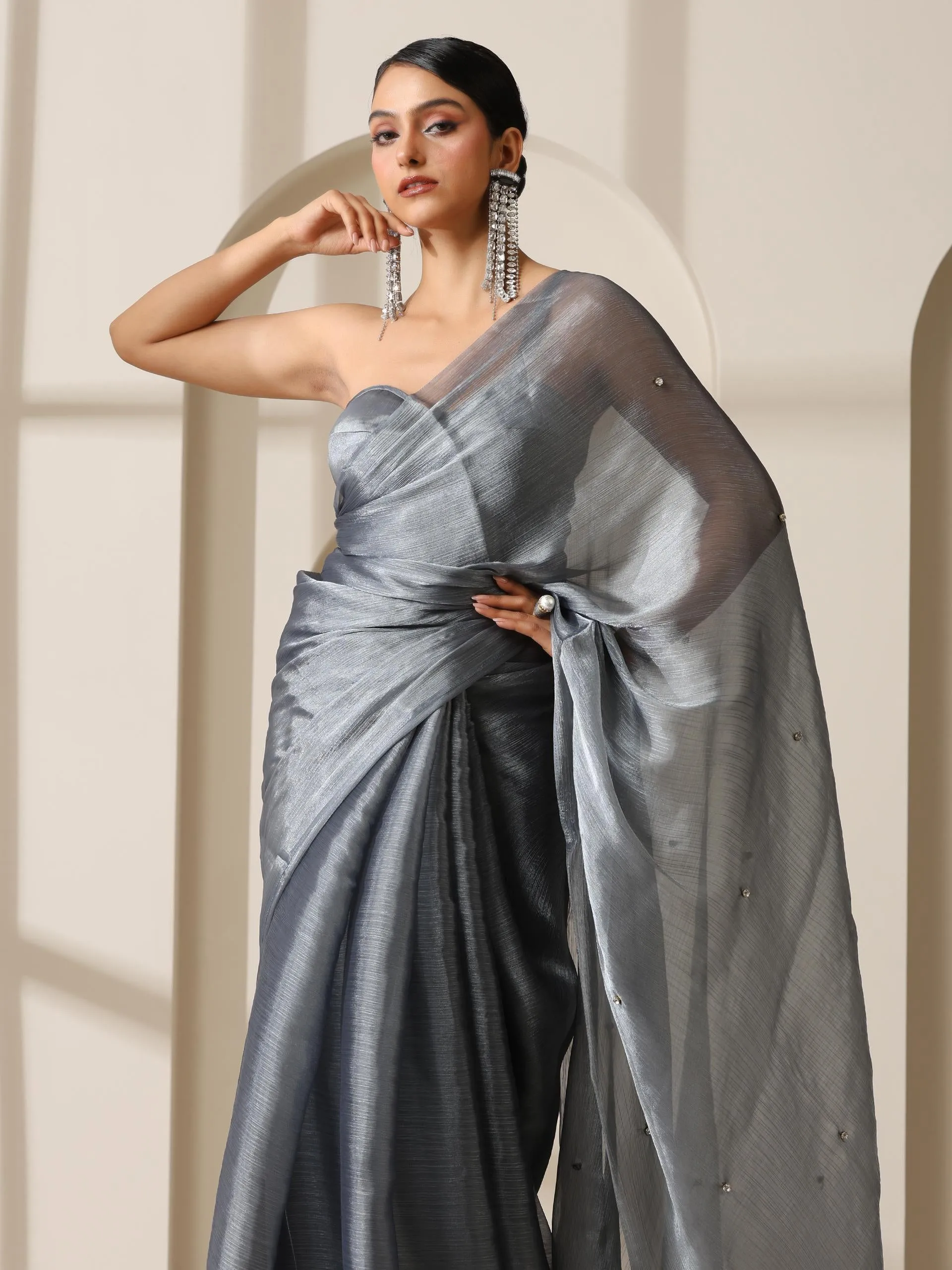 Grey Galaxy Diamond Organza Chiffon Saree with Self Blouse Fabric