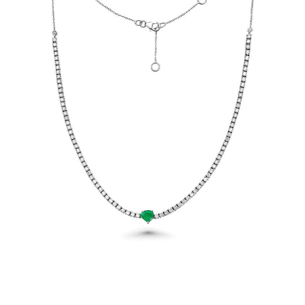 HalfWay Diamond Tennis Necklace With Heart Shape Emerald & Half Chain (3.36 ct.) 4-Prongs Setting in 14K Gold