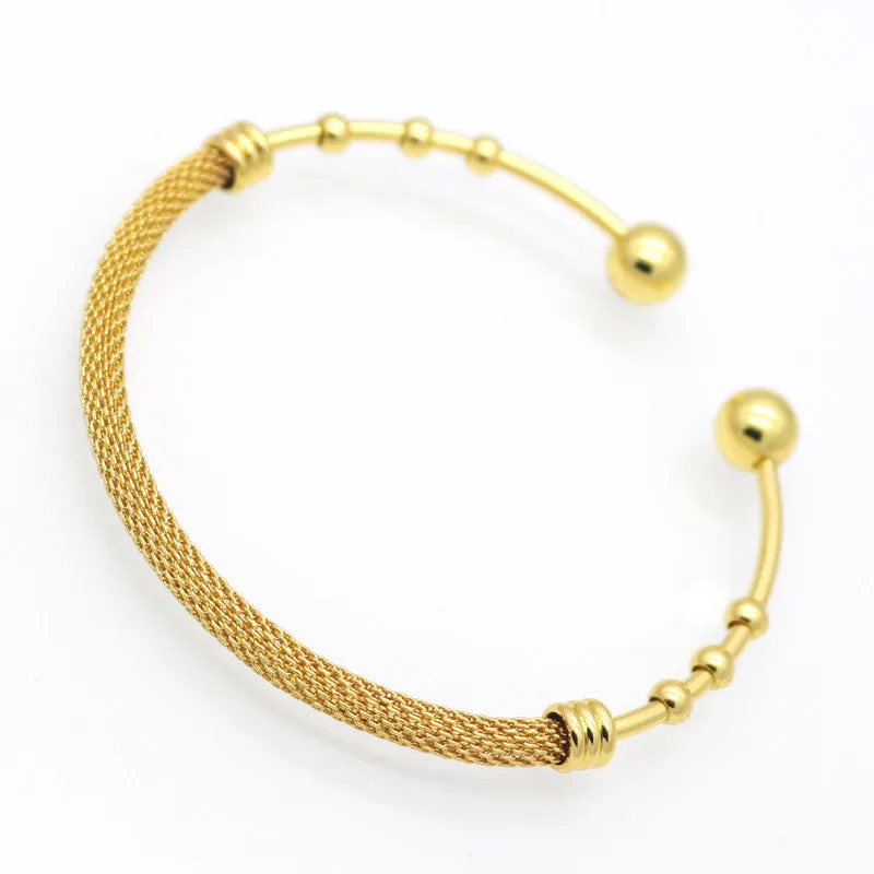 Hot Fashion Women 24K Gold Plated Beads Ball Bangle Stainless Steel Metal Net Cuff Bracelet Jewelry