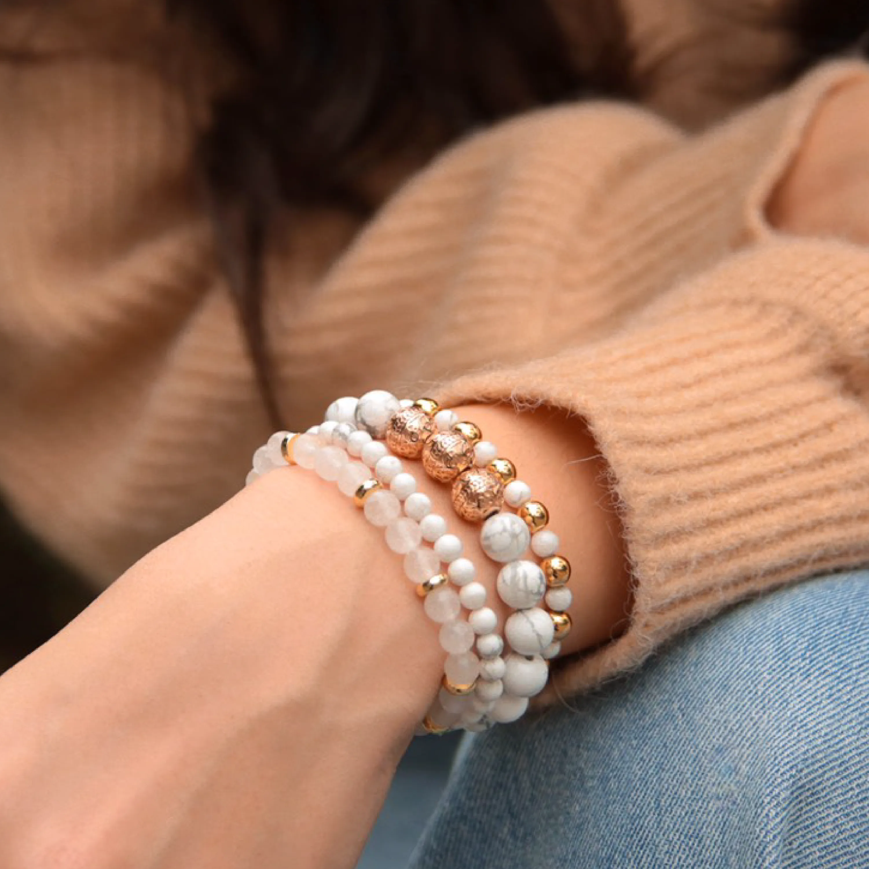 Howlite Rose Gold Bracelet with Howlite and White Jade Bracelet