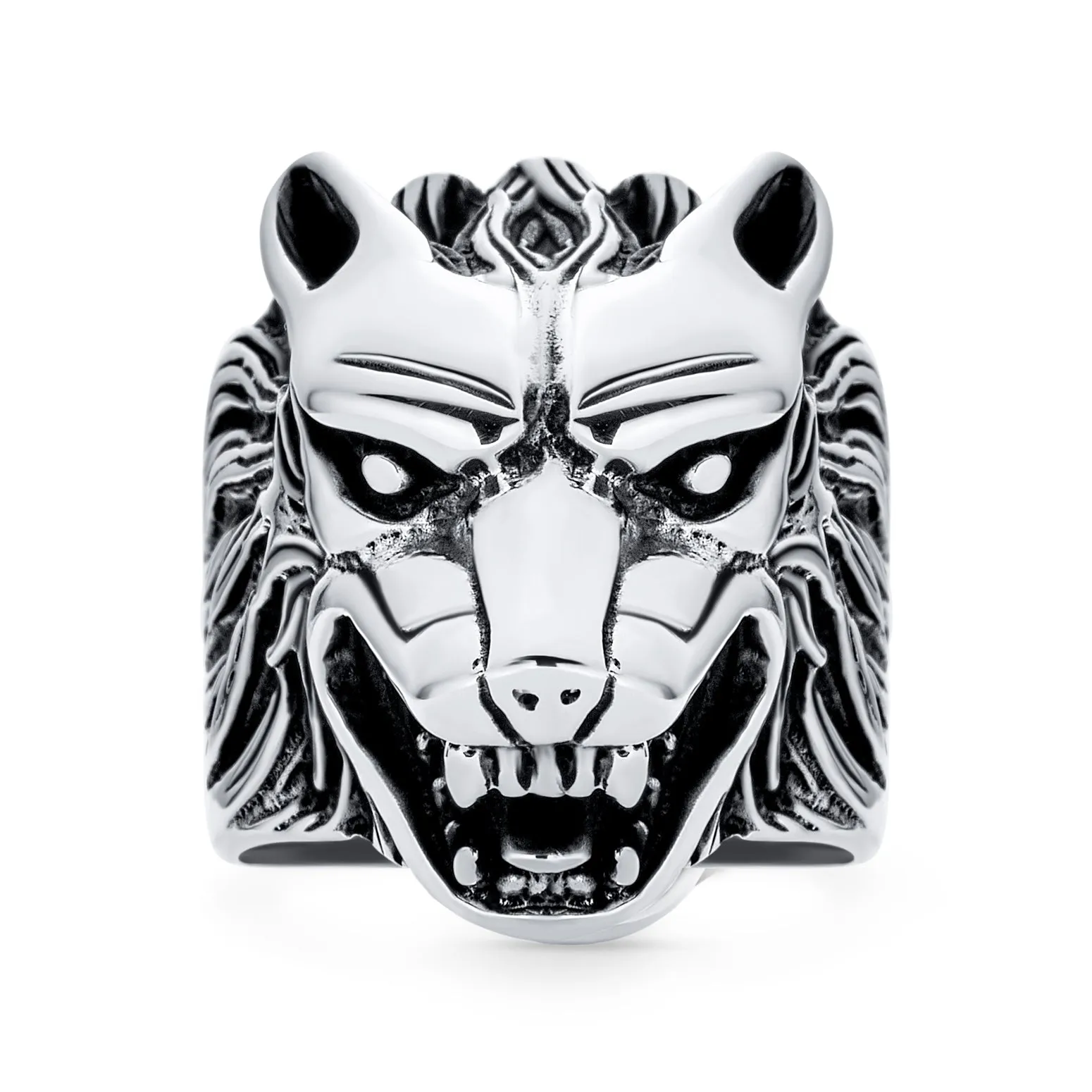 Hunter Norse Viking Warrior Mens Silver Ring with Fierce Roaring Wolf Head Design