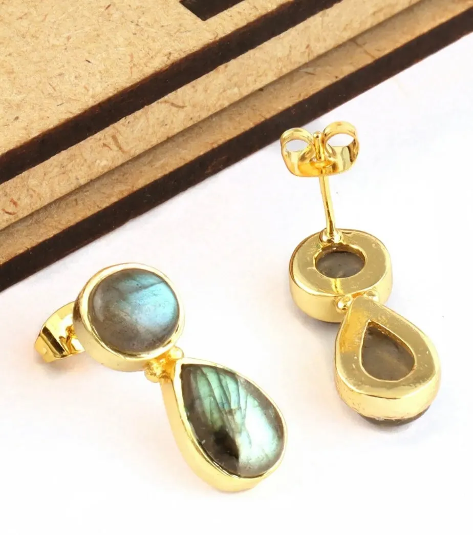 Iridescent Fire Labradorite Gemstone Stud Dangle Earrings 1.25"