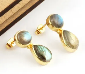 Iridescent Fire Labradorite Gemstone Stud Dangle Earrings 1.25"